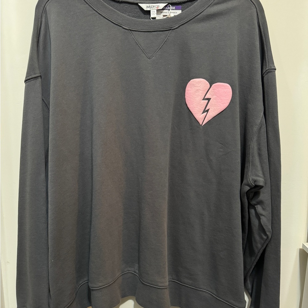 Wildfox Charcoal Gray Crewneck with Pink Broken Heart Patch - Picture 3 of 3